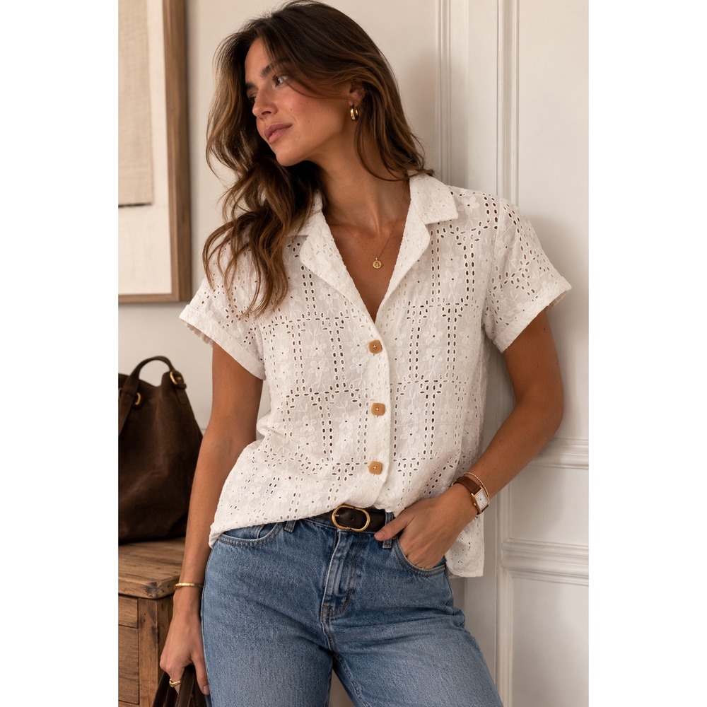 Madewell White Floral Eyelet Cotton Camp Shirt Short Sleeve Square button up XXS